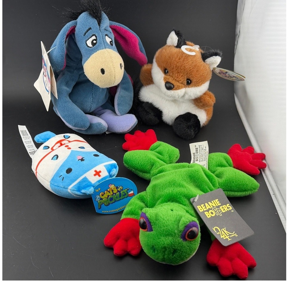 Lot of 4 Plush-Disney Eeyore, Palm Pals Fox, Beanie Boppers Frog, Cats v Pickles